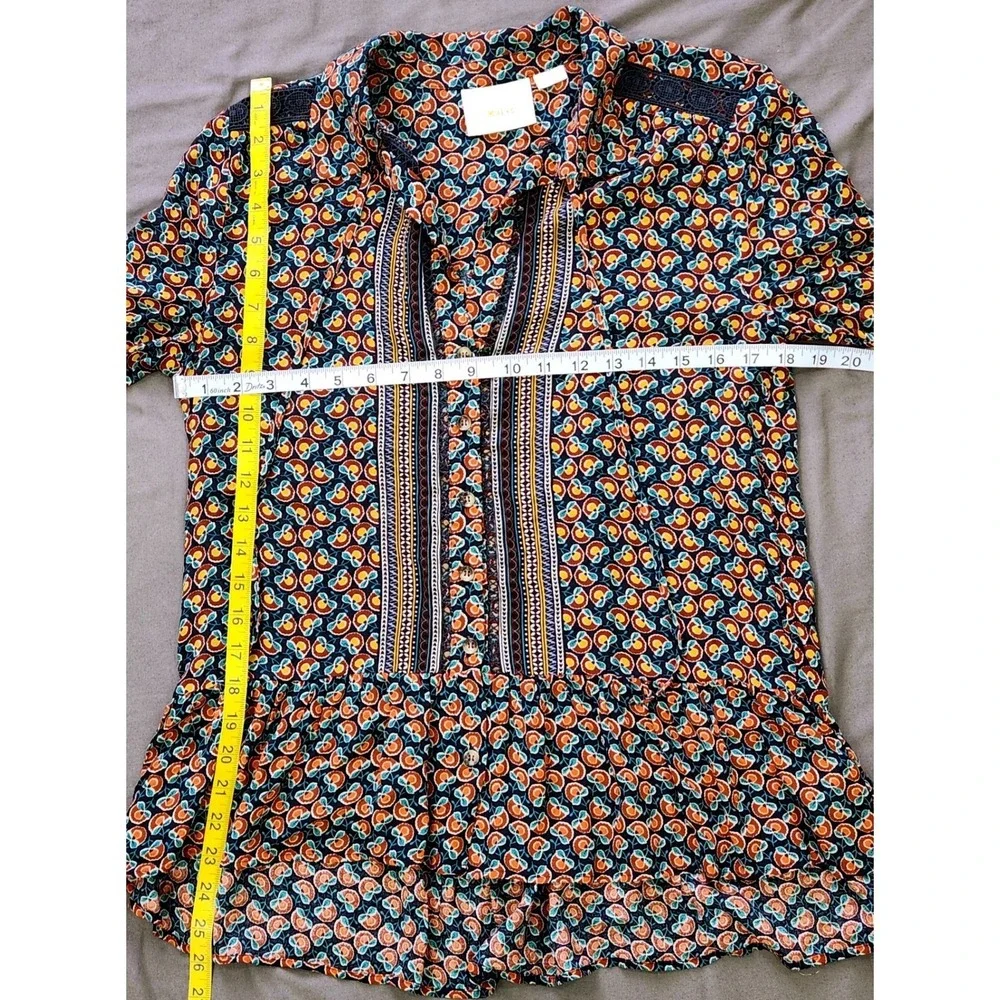 Maeve Anthropologie Floral Geometric Peplum Blouse Navy Orange Lace Trim Size 2